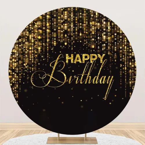 Leyiyi Telón de fondo redondo de feliz cumpleaños de 3 x 3 pies con purpurina negra y dorada Bokeh, fondo de fotografía con lentejuelas brillantes