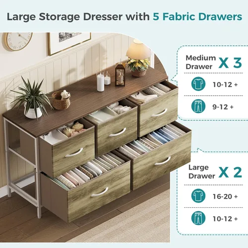 Miniatura 4 de OLIXIS Cómoda para dormitorio con 5 cajones, cómoda ancha, cómoda de tela para dormitorio con organizador de cajones, unidad organizadora de Roble