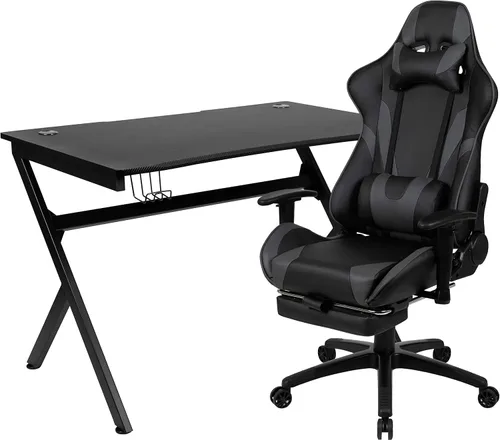 Miniatura 54 de Flash Furniture Juego de escritorio para juegos negro y silla de carreras blanco/negro con soporte para tazas, gancho para auriculares y soporte