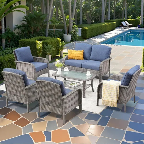 Miniatura 29 de CAODOC Juego de muebles de mimbre para patio, 4 piezas, para todo tipo de clima, sofá biplaza y mesa para patio trasero, balcón y terraza
