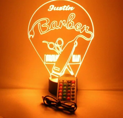 Miniatura 6 de Barbería peluquería corte peine silla tijeras afeitado hombres noche luz LED grabado personalizado nombre personalizado escritorio lámpara de mesa