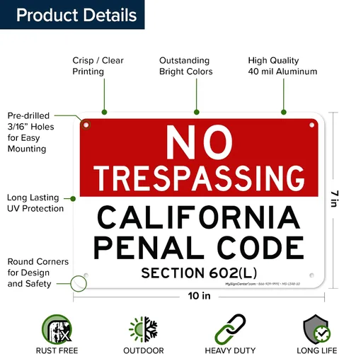 Miniatura 6 de No Trespassing California Penal Code Section 602 (L), 7 x 10 pulgadas, aluminio 040 libre de óxido, resistente a la decoloración, fabricado