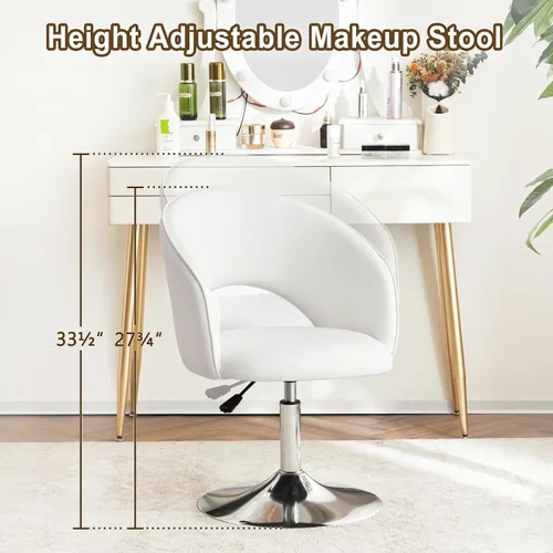 Miniatura 6 de Furnimart Silla de Tocador de Cuero Blanco, Taburete de Tocador con Altura Ajustable, Silla Giratoria con Respaldo, Silla Redonda de Maquillaje