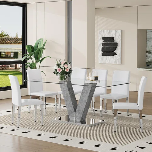 Juego de mesa de comedor de cristal moderno de 71 pulgadas para 6, juego de mesa de comedor de 7 piezas con sillas y mesa de vidrio templado de