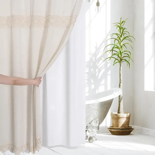 Miniatura 3 de Gibelle Juego de Cortina de Ducha Boho Farmhouse, Cortina de Ducha de Tela de Algodón y Lino con Decoración de Encaje Macramé, Cortina de Baño Beige