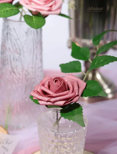 Miniatura 2 de 50 piezas Flores Artificiales, Rosas de Espuma de Tacto Real con Tallo DIY para Ramos de Boda Centros de Mesa Fiesta Ducha Decoración del Hogar
