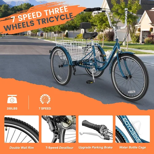 Miniatura 5 de MOONCOOL Adult Tricycles 3 Wheel 7 Speed Trikes, 20/24/26 inch Adult Trikes 3 Wheeled Bike with Basket for Seniors, Women, Men