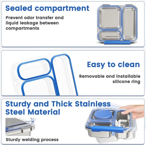 Miniatura 6 de Caja Bento de acero inoxidable para niños y adultos con termo de sopa de 7 onzas, tapa transparente, 3 compartimentos, lonchera Bento de metal