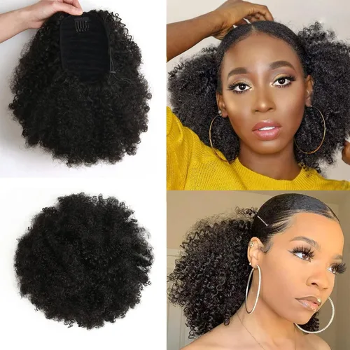 Miniatura 11 de Extensión de cola de caballo afro rizada encrespada con cordón para mujeres, cola de caballo afro con cordón, rizos encrespados sintéticos, piezas