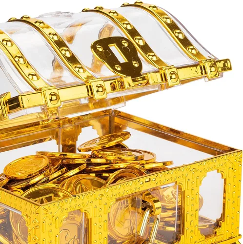 Miniatura 5 de Cofre del tesoro pirata para niños, cofre de pirata dorado transparente decorativo con cerradura y llave