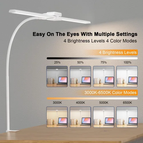 Miniatura 4 de EppieBasic Lámpara de escritorio LED, luz de escritorio de doble cabezal de 24 W, lámpara de mesa de trabajo de abrazadera de arquitecto, lámparas