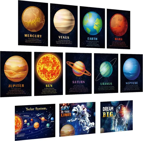 Outus 12 pósteres educativos del sistema solar laminados para niños, espacio y planetas, gráficos de pared para niños pequeños, aula, dormitorio,
