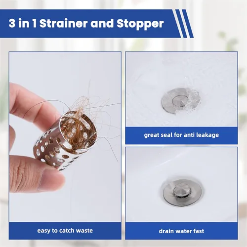 Miniatura 3 de Colador universal para desagüe de lavabo de baño atrapa cabellos, 2 piezas mejoradas con cesta de filtro de acero inoxidable extraíble, tapón