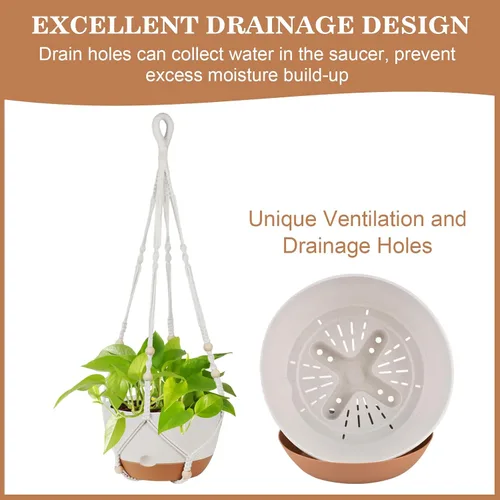 Miniatura 8 de Paquete de 3 macetas colgantes para plantas de interior, maceta colgante de riego automático de 10 + 10 + 8 pulgadas, colgador de plantas de macramé