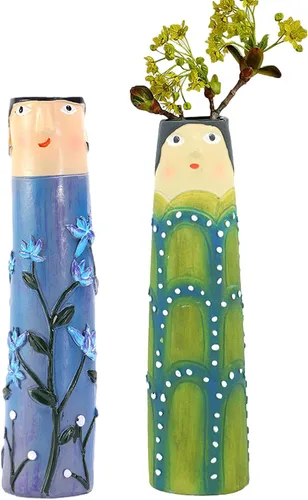 Jarrones Spring Bud - Florero de resina bohemio familiar bohemio para decoración del hogar, florero de cara de personaje, florero pintado a mano,