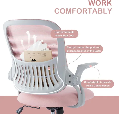 Miniatura 7 de Silla ergonómica de escritorio para oficina, silla de trabajo de malla cómoda para computadora con reposabrazos abatibles y soporte lumbar Rosa