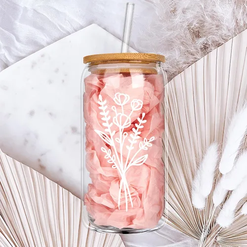Miniatura 7 de Bonitas tazas de vidrio con tapas y pajitas, taza de café helado estética, tazas de flores, vaso personalizado con pajilla, regalos de cumpleaños