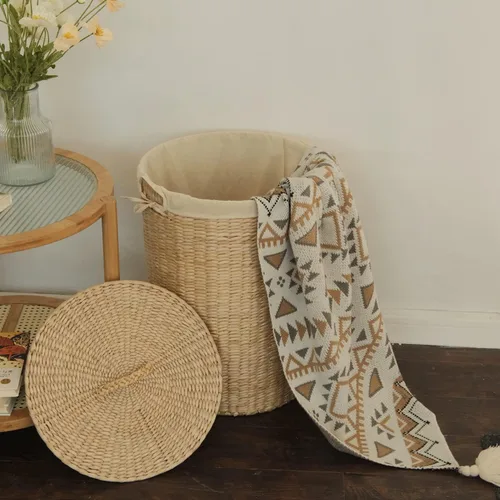 Miniatura 4 de Furnnylane Cesta de mimbre tejida a mano con tapa, 20 galones (75 L) Cesta grande para lavandería con forro extraíble para lavandería y decoración