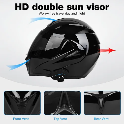 Miniatura 6 de Casco modular de motocicleta Bluetooth aprobado por DOT/ECE de cara completa, abatible, antivaho, doble visera, casco con altavoz dual integrado