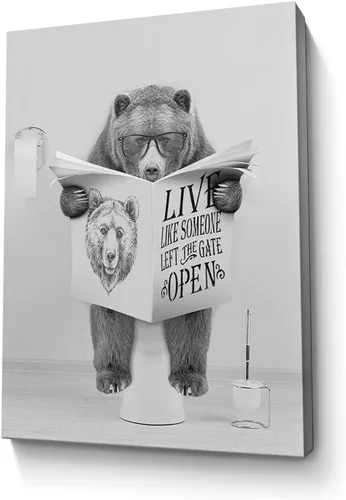 Miniatura 9 de Bonito oso para decoración de baño, arte de pared divertido con estampado de oso de casa de campo, pintura decorativa de pared enmarcada moderna