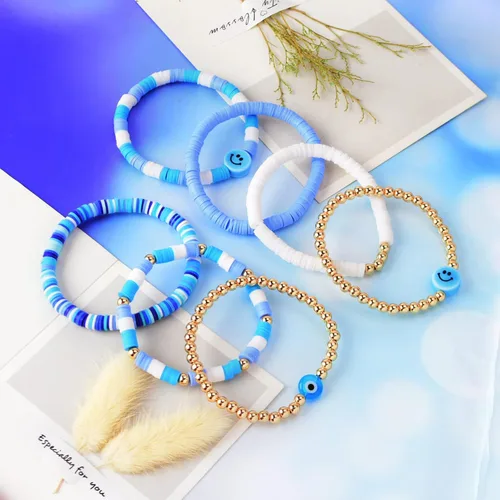Miniatura 2 de Wonlte - Juego de pulseras de cuentas de arcilla Heishi, pulseras elásticas apilables con cuentas de mal de ojo, pulseras elásticas apilables