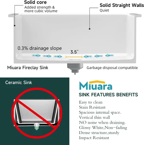 Miniatura 5 de Miuara Fregadero de cocina blanco de montaje inferior de 27 pulgadas – Fregadero de arcilla refractaria de montaje superior de 27 x 19 x 10