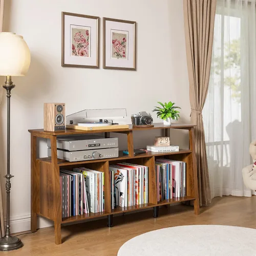 Miniatura 8 de Mxtxmy Soporte grande para tocadiscos, mesa giratoria de mediados de siglo con almacenamiento abierto con capacidad para hasta 450 álbumes, estante