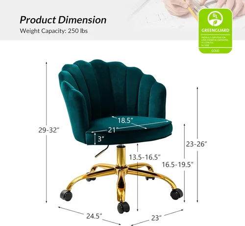 Miniatura 2 de HULALA HOME Silla de Oficina en Casa de Terciopelo con Base Dorada, Silla Moderna y Linda de Espuma para Mujer con Respaldo en Concha para Tocador
