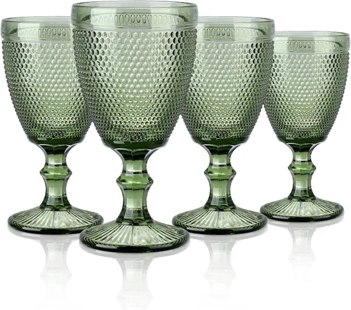 Joeyan Vasos de copa de vino vintage verdes, copas de vidrio con tallo de color en relieve, copas con cuentas de clavos, juego de cristalería para