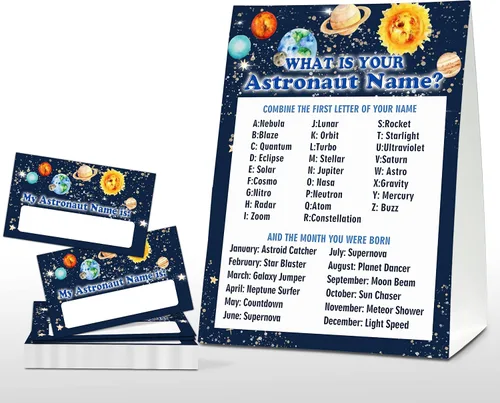 Miniatura 7 de Juego con el nombre de tu astronauta, juegos de fiesta de cumpleaños para niños en el espacio exterior, actividad escolar familiar, 1 letrero de pie