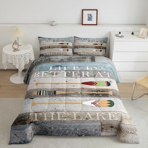 Miniatura 19 de Erosebridal Juego de edredón de barco muelle, juego de ropa de cama con diseño de paleta de lago, tamaño individual para niños, adolescentes