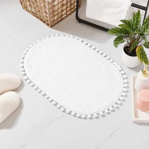 Miniatura 12 de YIRDDEO - Alfombra de baño verde oliva con pompones para baño, antideslizante, linda alfombra de baño boho con pompones ovalados absorbentes