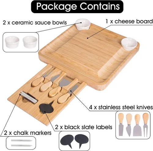 Miniatura 8 de DUNCHATY Juego de tablas de queso de bambú, tabla de charcutería con cajón deslizante, cubiertos y accesorios, rústico, marrón, rectangular, apto