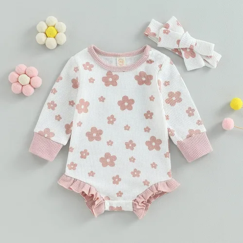 Miniatura 2 de Ropa de bebé recién nacida, sudadera floral de manga larga, mameluco con volantes, diadema de gofre, traje de otoño de una pieza