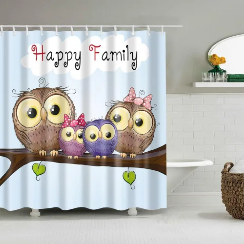 Cortina de ducha de tela, poliéster, impermeable, de secado rápido, con dobladillo ponderado, juego de cortinas para baño (búho de dibujos animados,