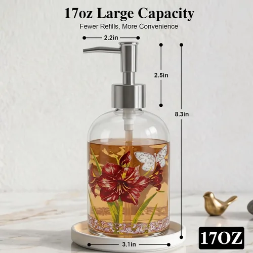 Miniatura 4 de Topadorn Dispensador de jabón de vidrio de 17 onzas con bomba, impresión floral de acuarela Enjoy the Day, botella líquida recargable para cocina