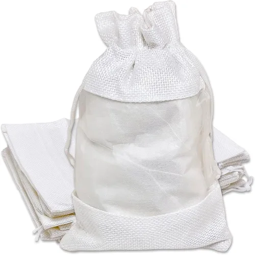 Paquete de 12 bolsas de regalo medianas de lino, arpillera y organza con cordones (5 x 7 pulgadas, blanco) - Bolsa de malla para recuerdos de