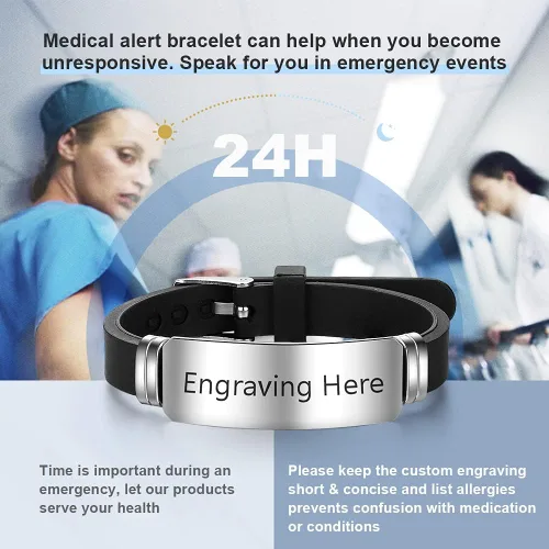 Miniatura 101 de OPALSTOCK Pulseras médicas personalizadas de silicona ajustable para identificación de emergencias, grabado gratuito, 9 pulgadas, resistente al