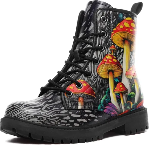 Miniatura 10 de Botas de Combate Florales de Setas para Mujer - Botas Góticas de Bosque Witchcore Tacón Grueso Cuero Vegano Moda con Cordones Botines Negros