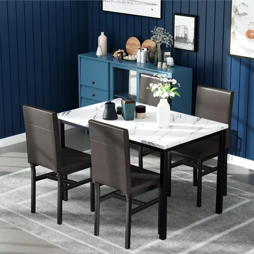 Miniatura 2 de Juego de mesa de comedor de 5 piezas Hooseng para 4 con tapa de mármol sintético y sillas de terciopelo, juego de mesa de cocina moderna que ahorra