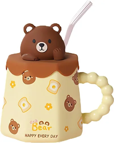 Miniatura 12 de Taza GawmFoiuy Mark con pajita, taza de cerámica con estampado de animales, 414 ml, tazas de café y té kawaii, tazas de animales divertidas, taza