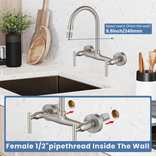 Miniatura 3 de Airuida Grifo de fregadero de cocina de montaje en pared, grifos de cocina de 8 pulgadas, asas dobles centrales de 360 grados, boquilla giratoria