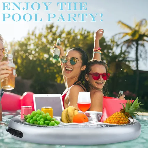 Miniatura 5 de Soporte inflable flotante para bebidas para piscina, la mesa de bandeja tiene portavasos y latas de bebidas con cuenco de aperitivos, PVC duradero