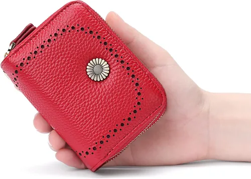 Miniatura 5 de GOIACII Cartera con tarjetero RFID para mujer, pequeña cartera de piel auténtica con 2 cremalleras