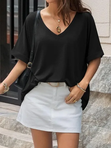 Miniatura 3 de UNCLECAT Camisetas de gran tamaño con cuello en V para mujer, camisas de manga corta de verano, holgadas, casuales