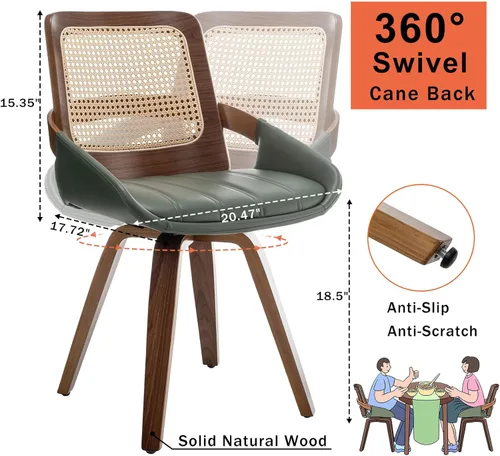Miniatura 2 de Juego de 2 sillas de comedor de ratán verde, sillas de comedor modernas de mediados de siglo con marco de madera curvada de nogal, respaldo Nogal