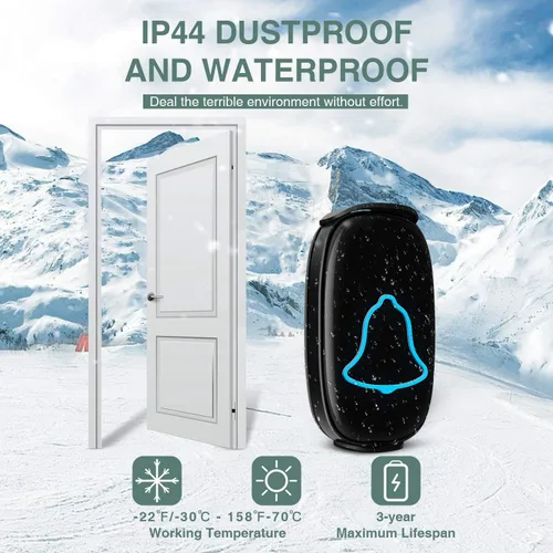 Miniatura 4 de BO YING - Timbre inalámbrico para puerta, impermeable, fácil de instalar, alcance de 1000 pies, 38 melodías, volumen ajustable y flash LED, 1 botón