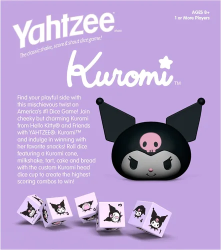 Miniatura 3 de YAHTZEE: Kuromi Taza de dados de cabeza Kuromi coleccionable Dados con su adorable gama de emociones Juego de dados clásico basado