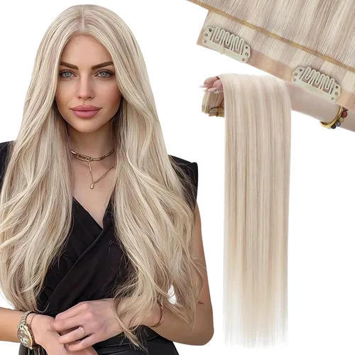 Miniatura 13 de Moresoo - Extensiones de cabello humano con pinzas, sin costuras, con trama, de poliuretano, invisible, cabello humano real, color rubio platino, 7