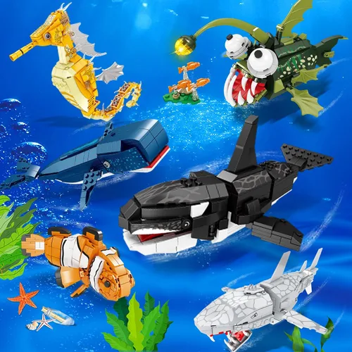 Miniatura 5 de KAZI Juego de construcción de juguetes de pez pescador, bloques de construcción de criaturas marinas de Halloween, juguetes de animales del océano